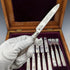1906 British antique white mother-of-pearl handle, pure silver blade, dessert cutlery, 6 pairs, William Hutton, wooden box